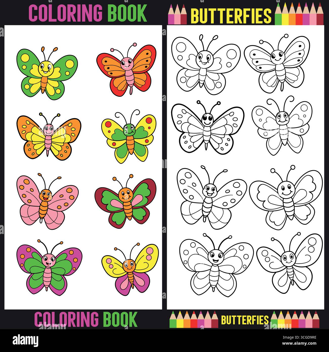 Coloriage de la page de livre avec divers papillons et exemples isolés sur fond blanc Illustration de Vecteur