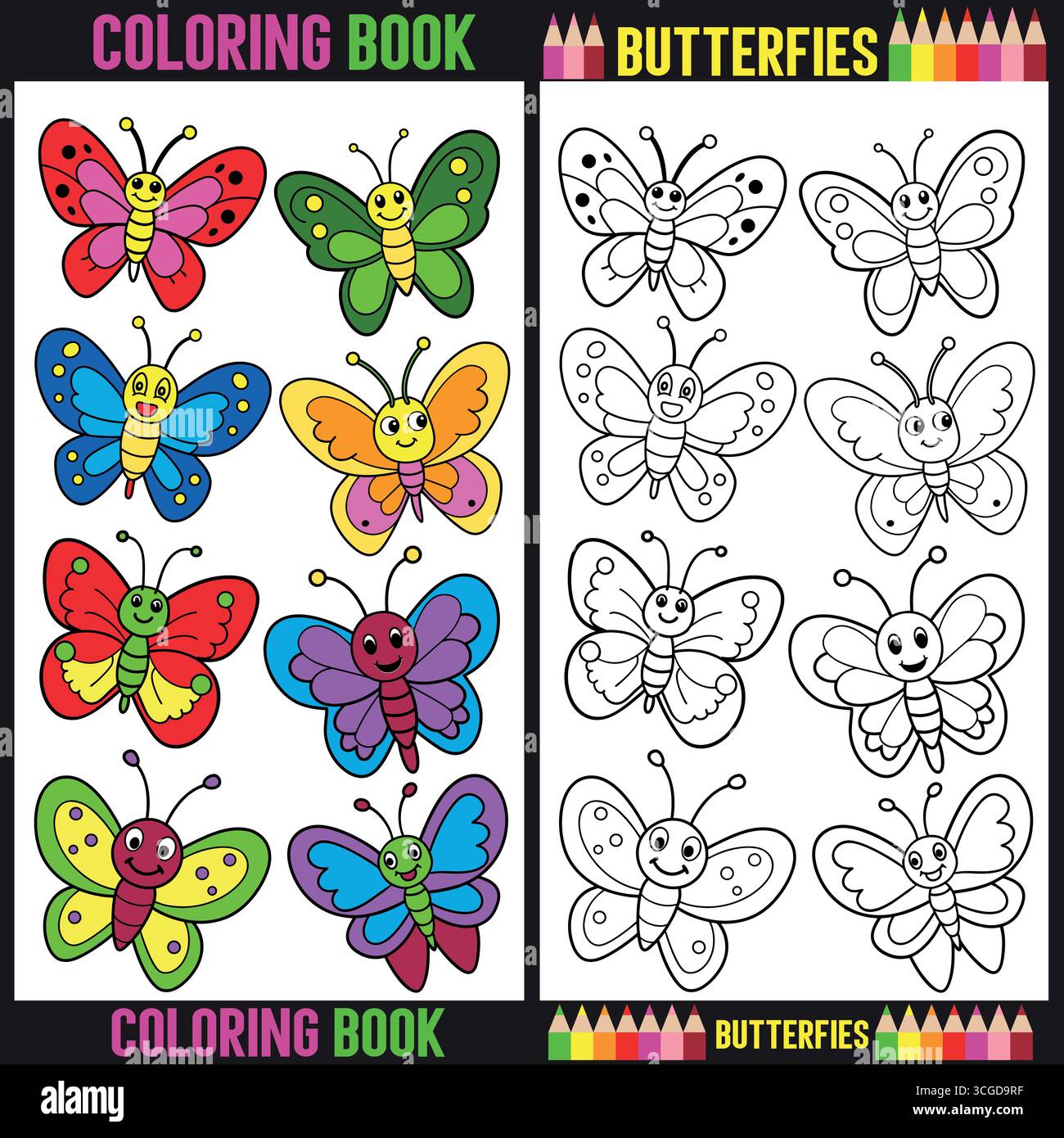 Coloriage de la page de livre avec divers papillons et exemples isolés sur fond blanc Illustration de Vecteur