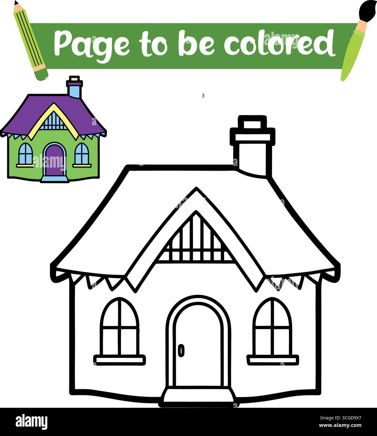 Dessin de contour de l'ensemble de maison pour la coloration avec un petit exemple de maison coloré isolé sur fond blanc Illustration de Vecteur
