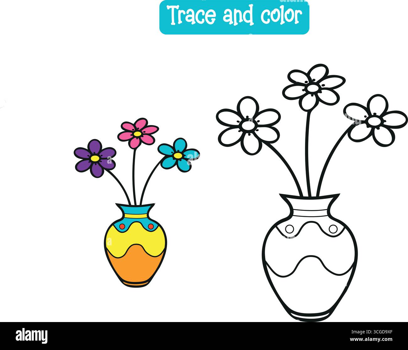 Ensemble de trois arrangements floraux dans la page de coloration de vases isolé sur fond blanc Illustration de Vecteur