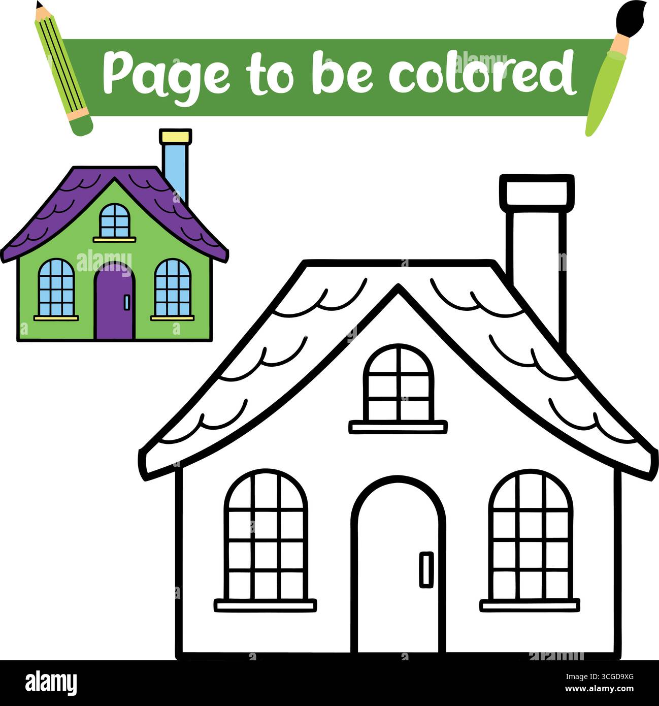 Dessin de contour de l'ensemble de maison pour la coloration avec un petit exemple de maison coloré isolé sur fond blanc Illustration de Vecteur