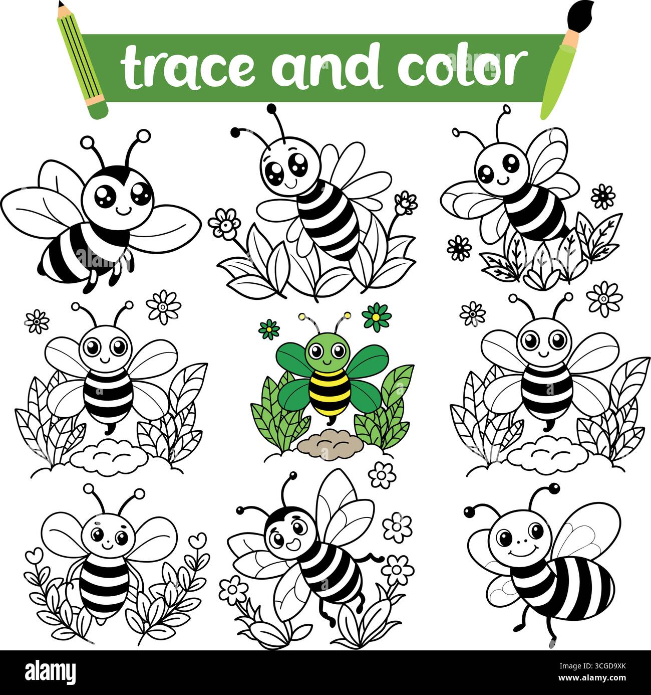 Abeilles de dessin animé mignonnes avec des fleurs et des feuilles pour le traçage et la coloration isolées sur fond blanc Illustration de Vecteur