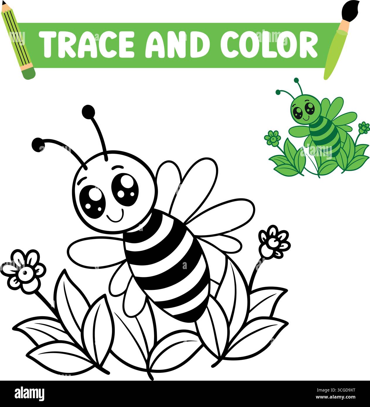 Abeilles de dessin animé mignonnes avec des fleurs et des feuilles pour le traçage et la coloration isolées sur fond blanc Illustration de Vecteur