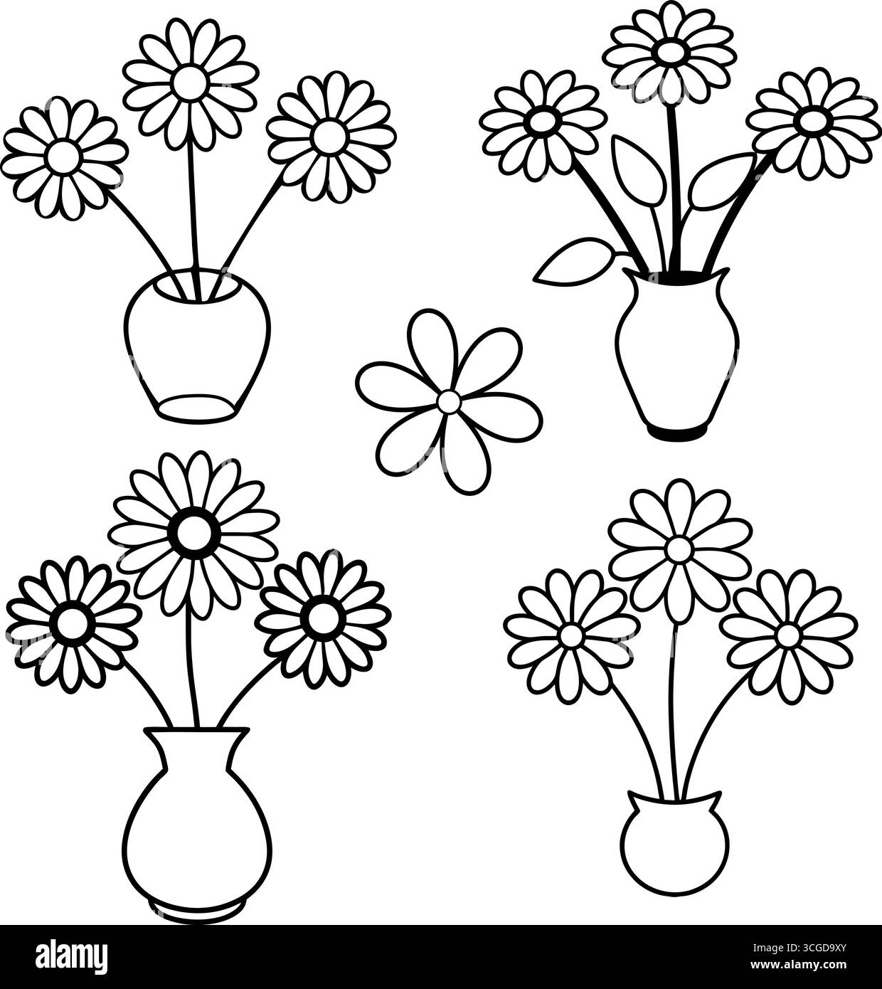 Ensemble de trois arrangements floraux dans la page de coloration de vases isolé sur fond blanc Illustration de Vecteur