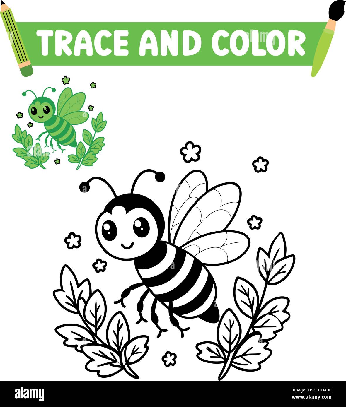 Abeilles de dessin animé mignonnes avec des fleurs et des feuilles pour le traçage et la coloration isolées sur fond blanc Illustration de Vecteur