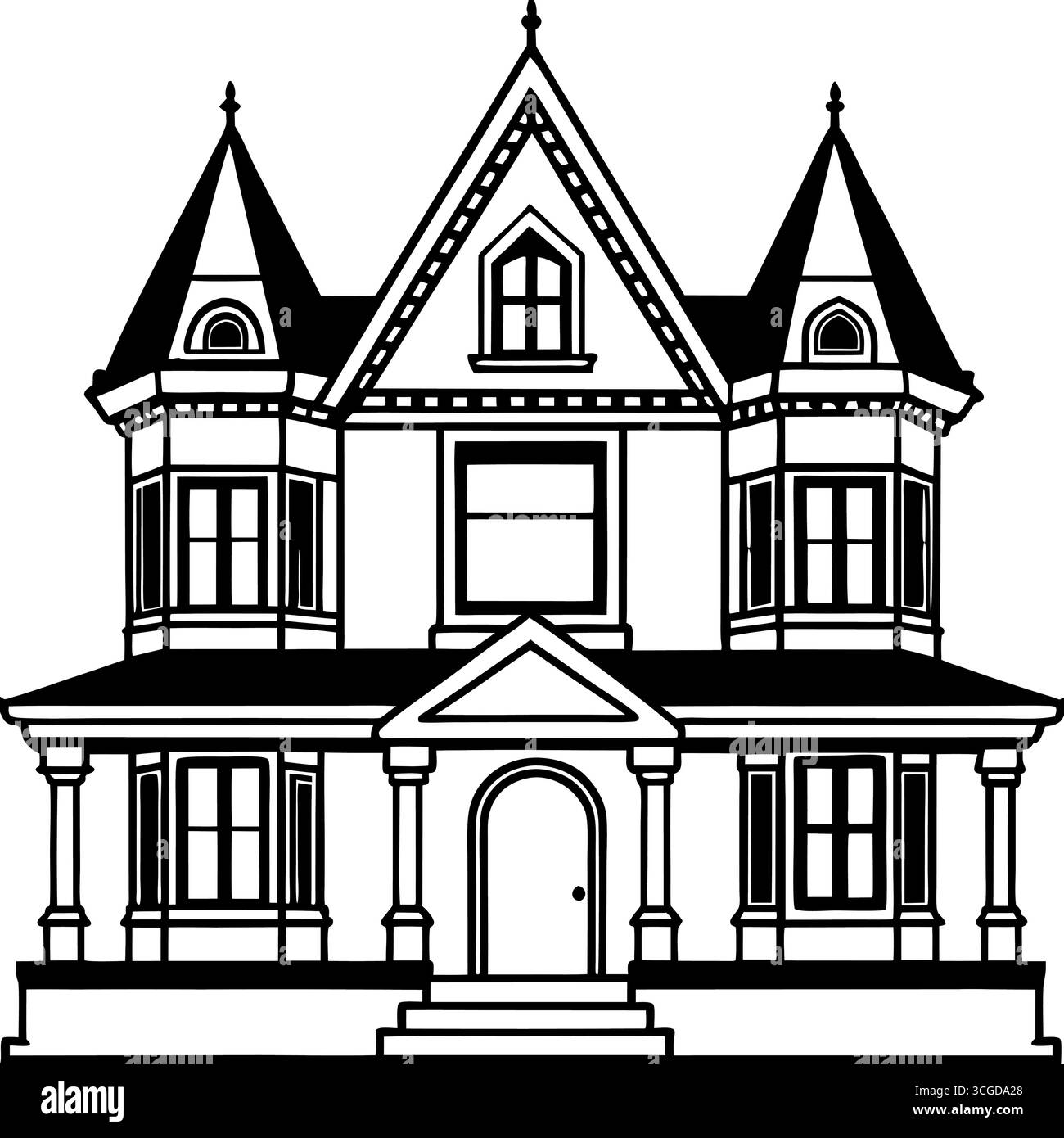 Dessin de contour de l'ensemble de maison pour la coloration avec un petit exemple de maison coloré isolé sur fond blanc Illustration de Vecteur