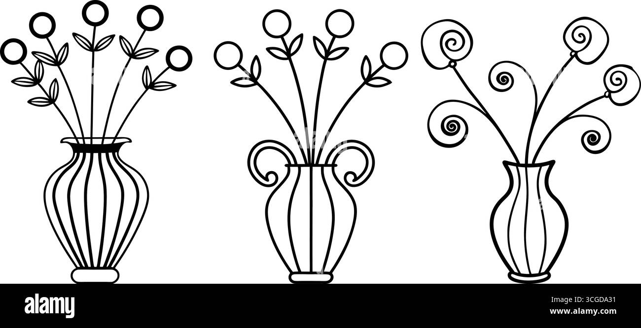 Ensemble de trois arrangements floraux dans la page de coloration de vases isolé sur fond blanc Illustration de Vecteur
