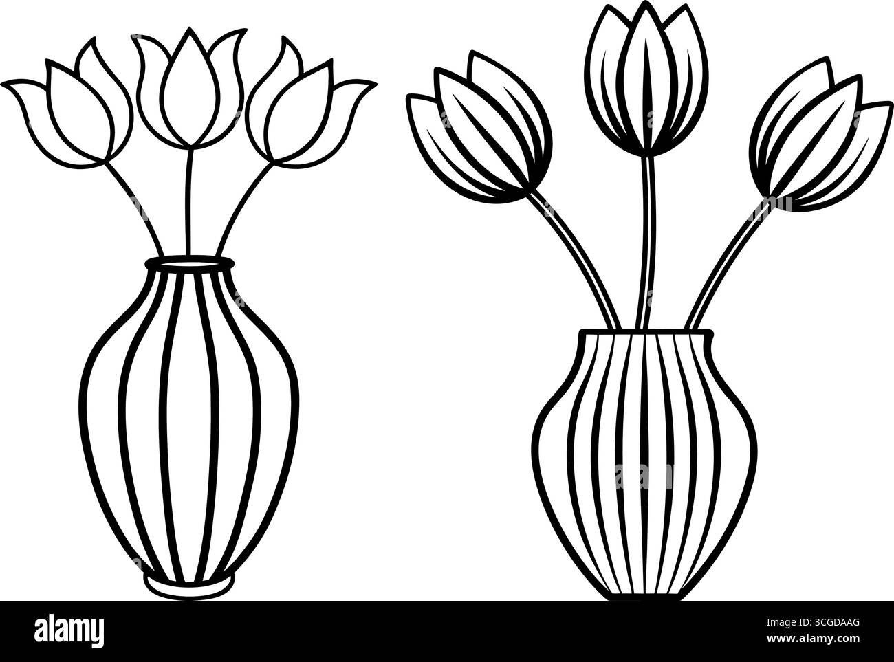Ensemble de trois arrangements floraux dans la page de coloration de vases isolé sur fond blanc Illustration de Vecteur