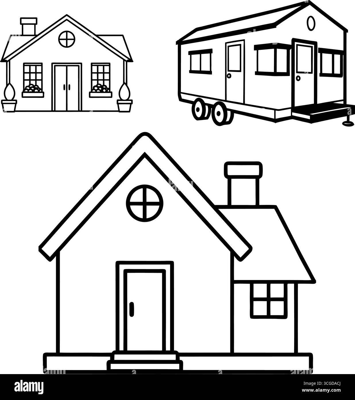Dessin de contour de l'ensemble de maison pour la coloration avec un petit exemple de maison coloré isolé sur fond blanc Illustration de Vecteur