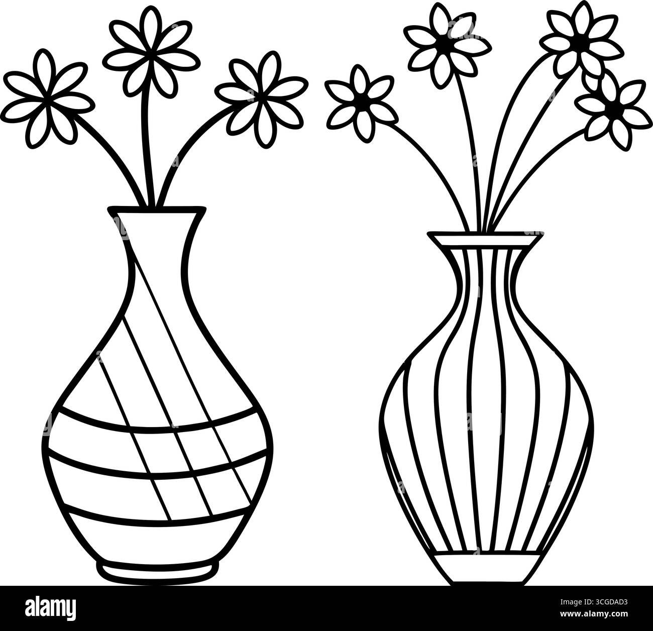 Ensemble de trois arrangements floraux dans la page de coloration de vases isolé sur fond blanc Illustration de Vecteur