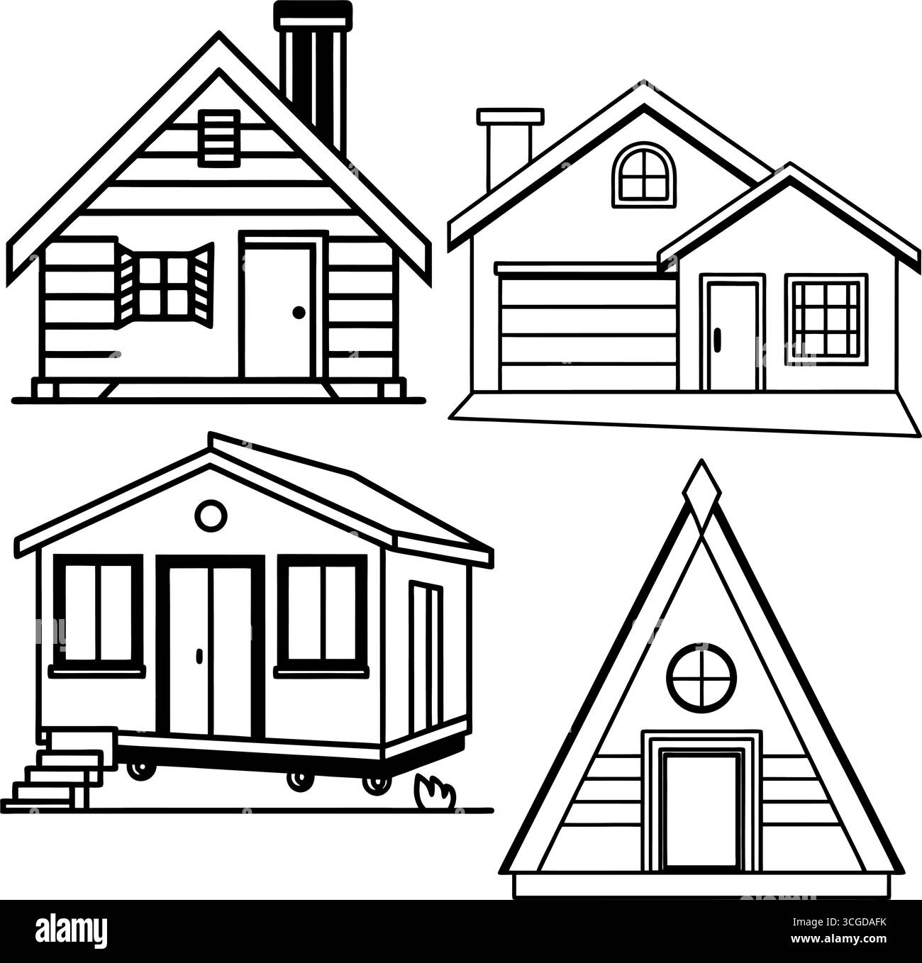 Dessin de contour de l'ensemble de maison pour la coloration avec un petit exemple de maison coloré isolé sur fond blanc Illustration de Vecteur