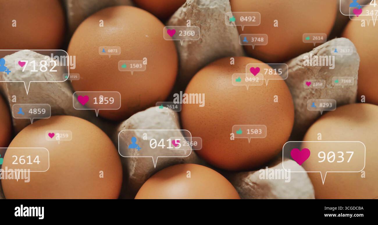 Affichage des oeufs bruns dans un carton d'oeufs gris sur le comptoir, avec des coeurs, des icônes d'utilisateur et de pouce vers le haut Banque D'Images Affichage des oeufs bruns dans un carton d'oeufs gris sur le comptoir, avec des coeurs, des icônes d'utilisateur et de pouce vers le haut Banque D'Images