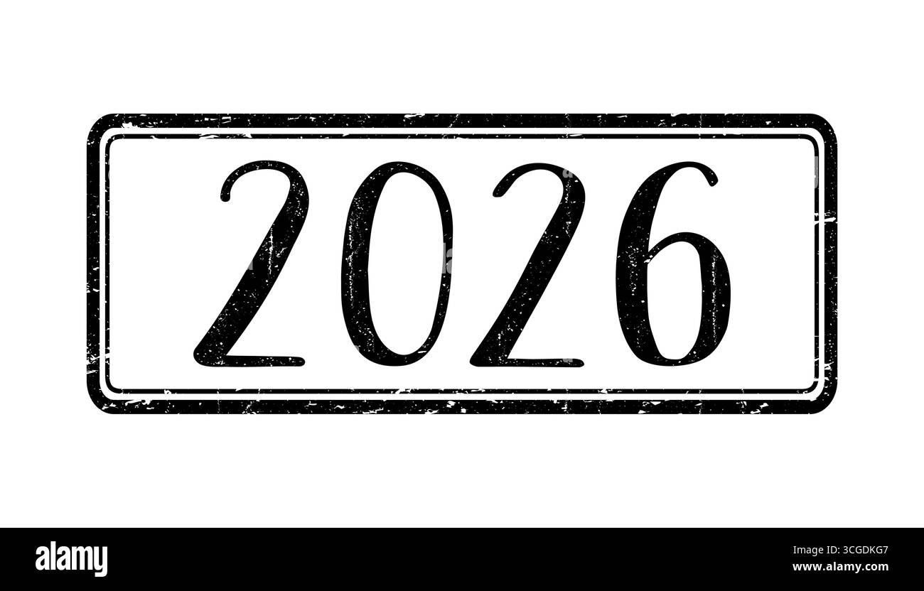 Timbre vintage 2026 avec texture grunge en détresse, conception de typographie rétro pour calendrier, célébration du nouvel an, étiquette, impression, affiche, signe, graphic ele Illustration de Vecteur