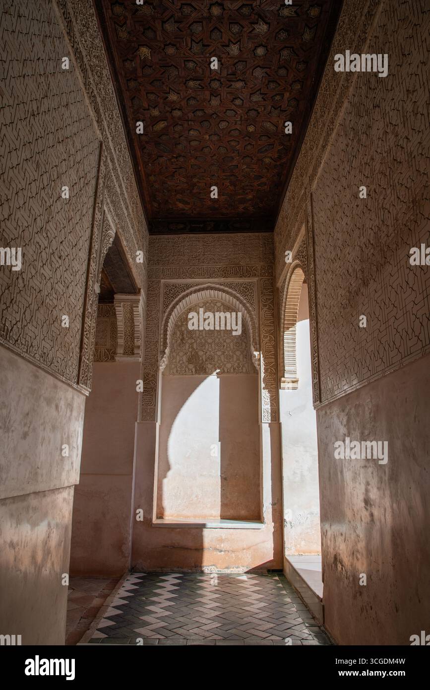 Stuc ornemental et Muqarnas dans les murs intérieurs de l'Alhambra Banque D'Images