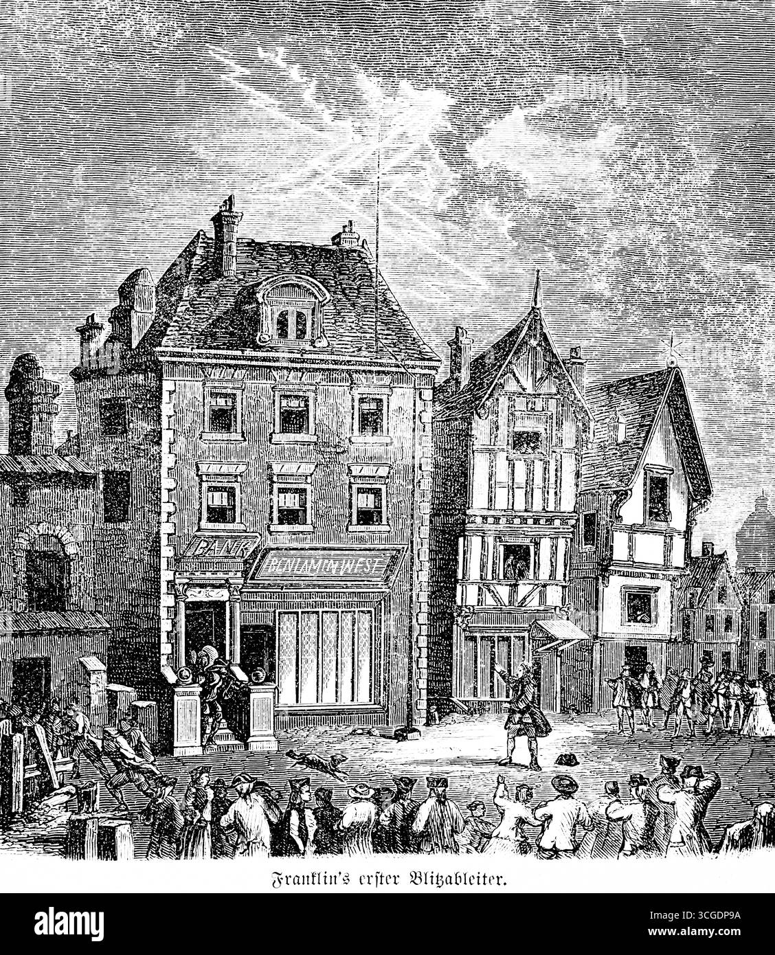 Le premier paratonnerre de Fraklin, le scientifique américain Benjamin Franklin (1706-1790) inventeur du paratonnerre, inventions au XVIIIe siècle, Lightni Banque D'Images