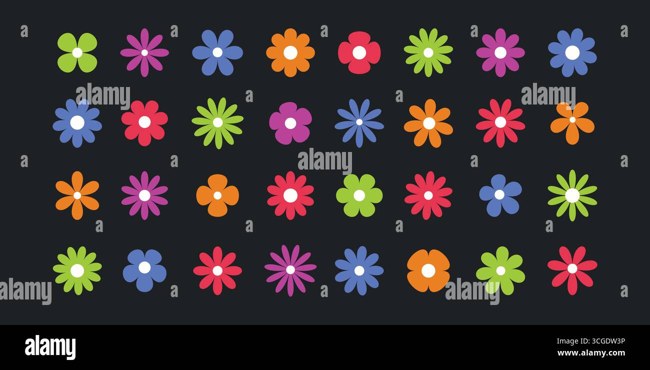 Une collection d'icônes colorées de fleurs stylisées en vert, bleu, orange, rose et violet. Des lignes épurées, des formes minimes et un floral abstrait moderne Illustration de Vecteur