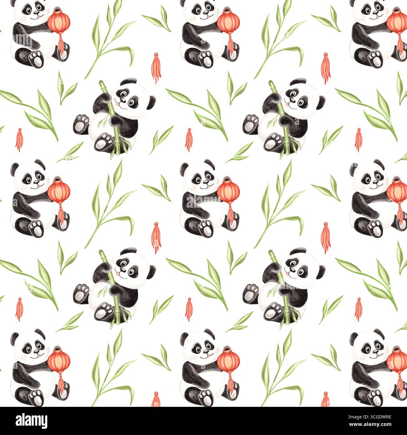 Mignon bébé pandas avec lanterne du nouvel an chinois et motif sans couture aquarelle en bambou pour la conception des enfants. Illustration dessinée à la main noir et blanc Little Banque D'Images