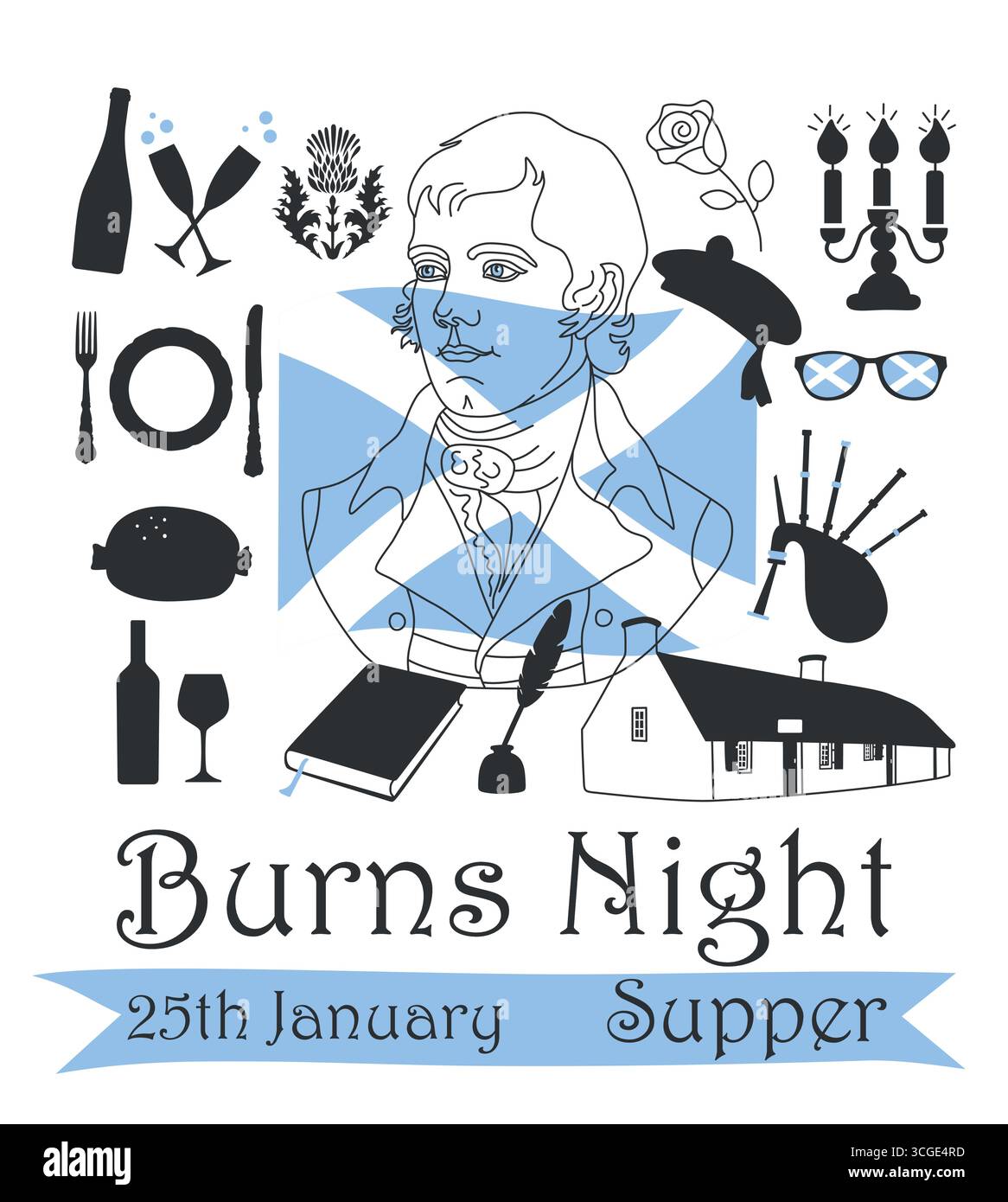 Robert Burns nuit 25 janvier, Royaume-Uni drapeaux écossais. Illustration vintage vectorielle Illustration de Vecteur