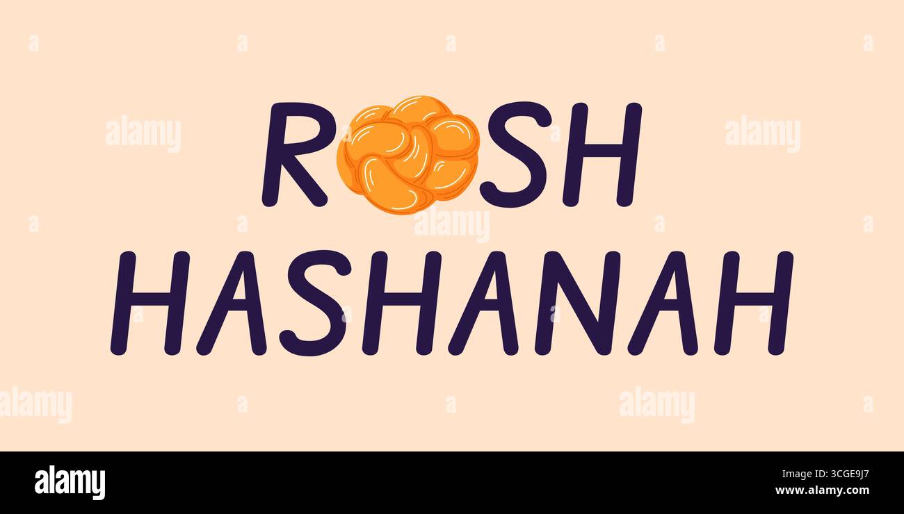 Salutation de vacances de Rosh Hashanah avec pain challah rond en texte festif sur fond clair. Illustration de Vecteur