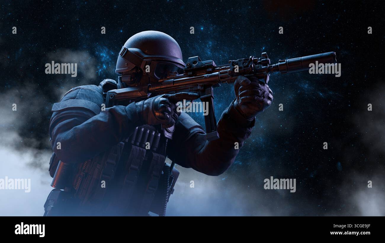 soldat tactique en pleine vitesse vise un fusil avec détermination focalisée, entouré d'un fond cosmique dramatique rempli d'étoiles et de fumée tourbillonnante, Banque D'Images
