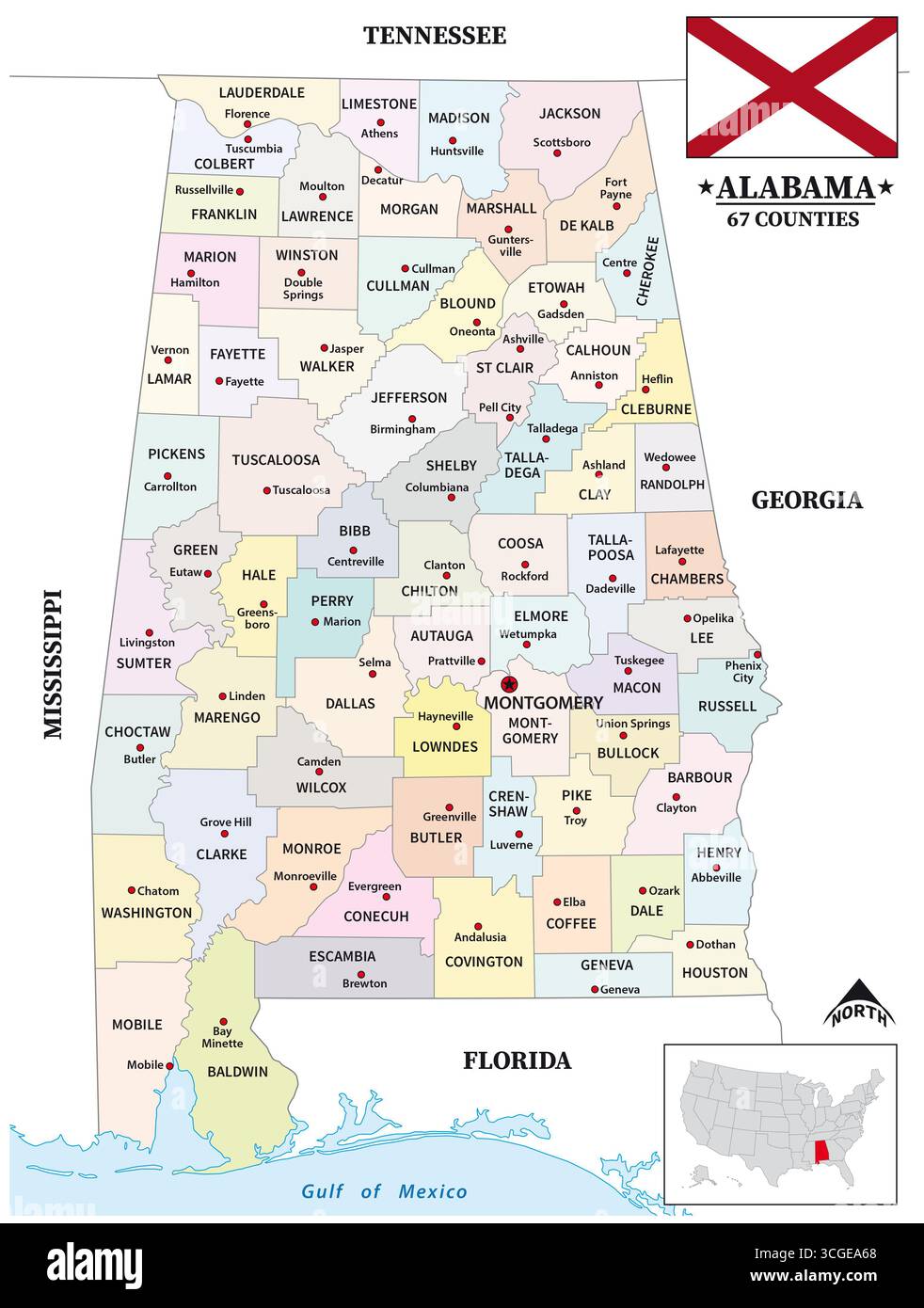 Carte du comté de l'État américain de l'Alabama Banque D'Images