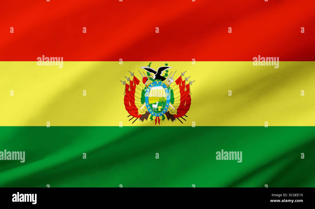 Détail de fond du drapeau de Bolivie occupant tout le cadre avec la texture de tissu ondulant. Banque D'Images