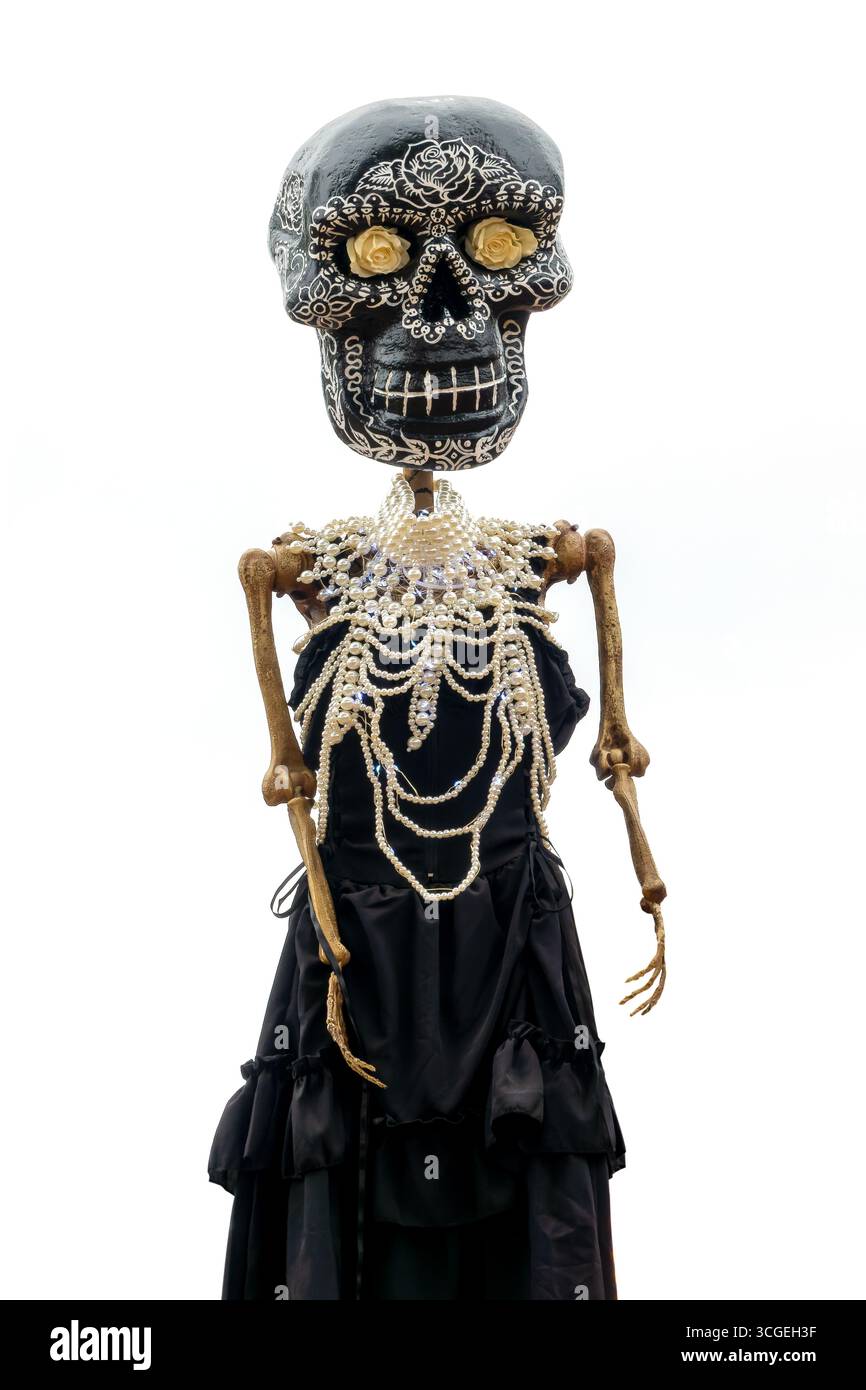 Dia de los Muertos (jour des morts) ornement, portrait drôle de femme crâne isolé sur fond blanc, décor Halloween, fête traditionnelle mexicaine Banque D'Images