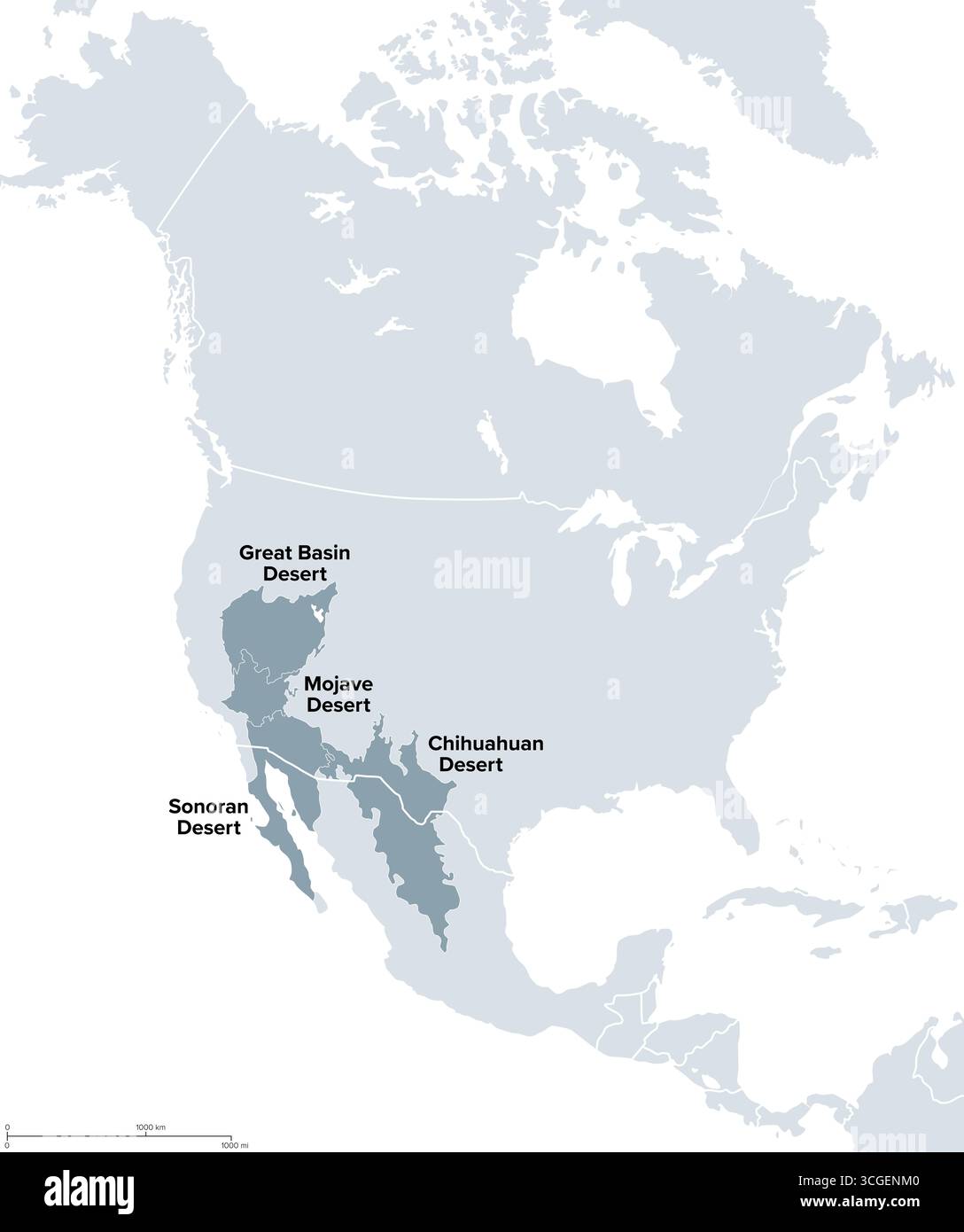 Désert nord-américain, connu sous le nom de Big four, carte politique. Grands déserts d'Amérique du Nord, situés dans l'ouest des États-Unis et le nord du Mexique. Banque D'Images