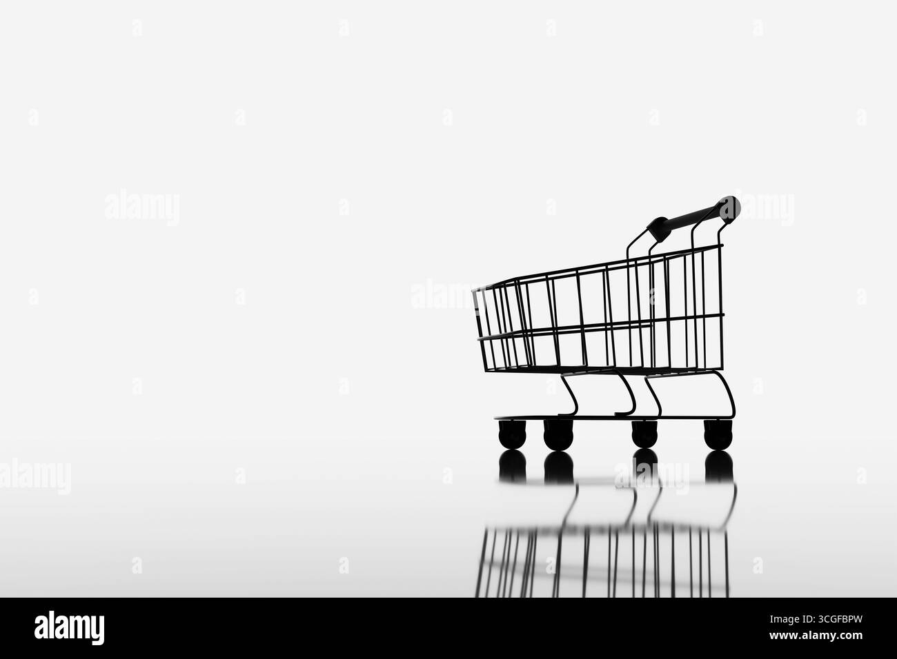 Silhouette d'un chariot de supermarché sur une surface réfléchissante blanche. Illustration du concept de consumérisme, shopping et commerce de détail Banque D'Images