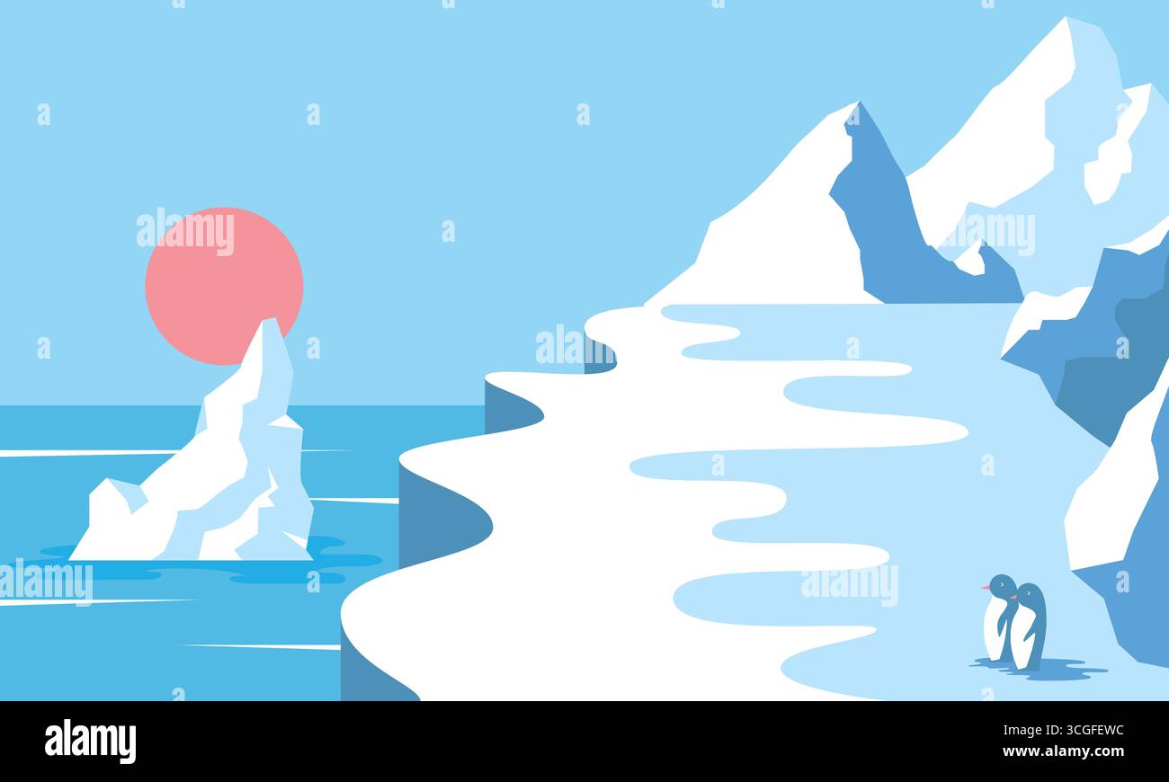 Illustration vectorielle minimale du paysage antarctique avec des falaises enneigées, un iceberg flottant, un océan bleu, un soleil rose et deux pingouins. Froid, paisible Illustration de Vecteur
