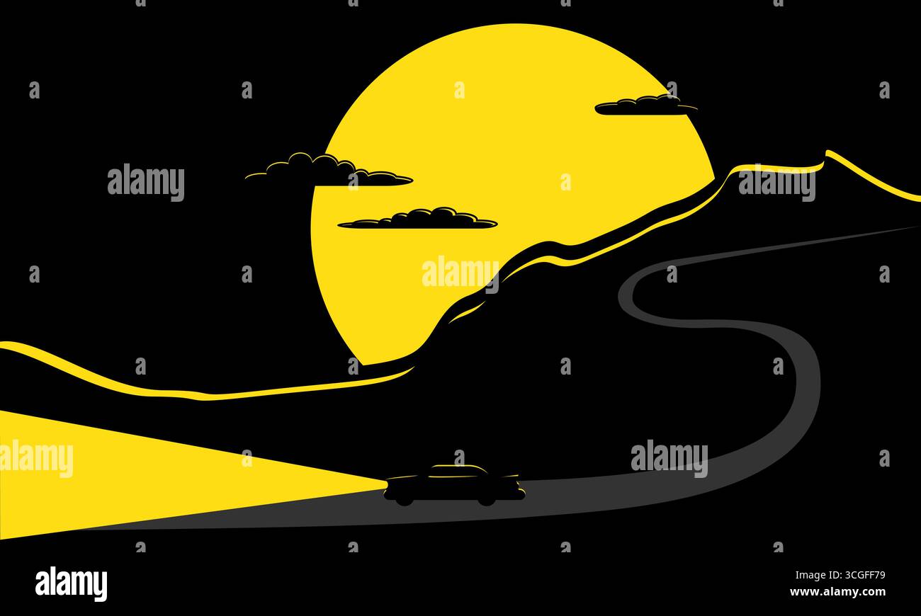 Vecteur minimal d'une voiture conduisant sur une route de montagne sinueuse la nuit. Phares éclairant le chemin et une grande lune jaune se posant derrière les collines Illustration de Vecteur