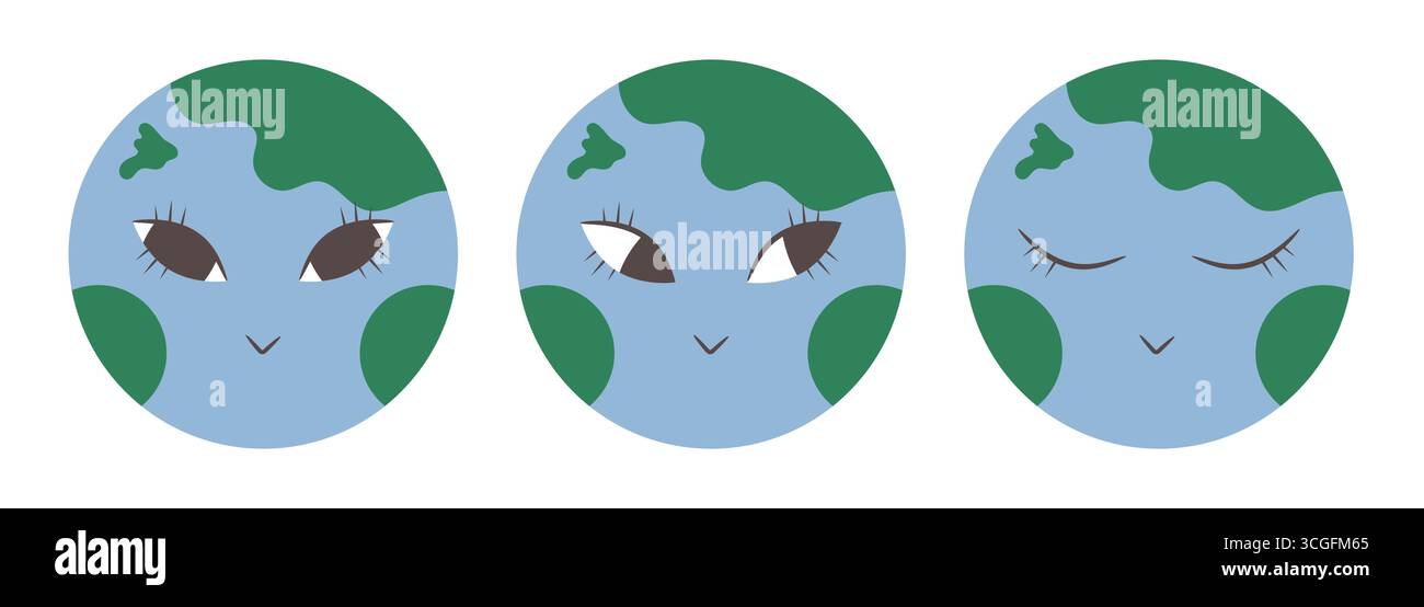 Icônes de planète Terre boho dessinées à la main avec visage humain. Cartoon Earth Planet Set. Illustration vectorielle Illustration de Vecteur