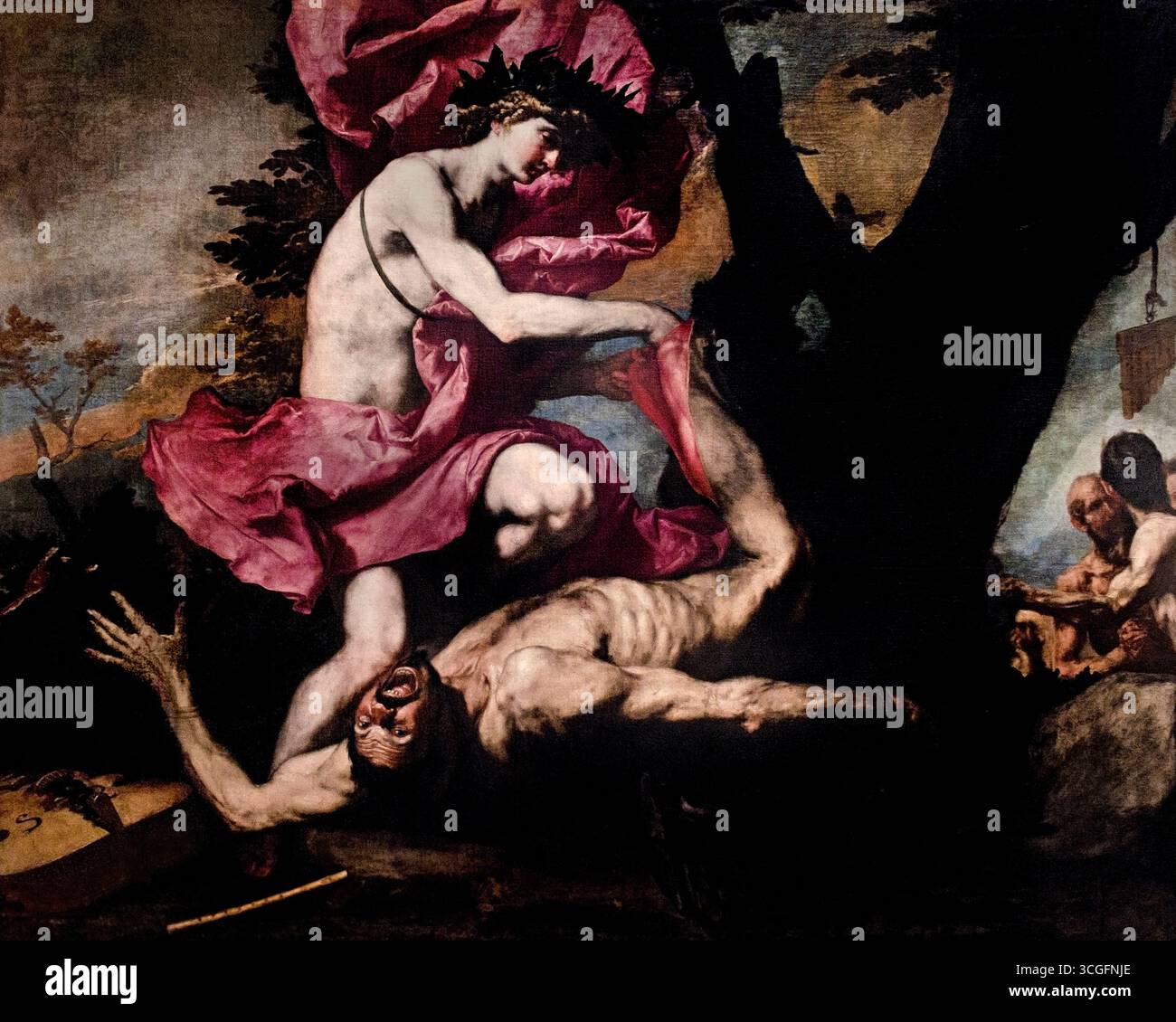 Apollo Felt Marsyas 1637 Jusepe de Ribera ( Lo Spagnoletto ) 1591-1652 Espagne Espagnol , Musée . (Mythologie grecque, Apollon ressentit de la colère, du dédain et du triomphe après avoir vaincu Marsyas dans un concours musical, ce qui conduisit à la punition cruelle d'Apollon d'écailler le satyre vivant. Marsyas, connu pour son orgueil en défiant Apollon, a été puni pour son arrogance, bien que l'histoire serve de parabole sur les dangers de défier les dieux ) Banque D'Images