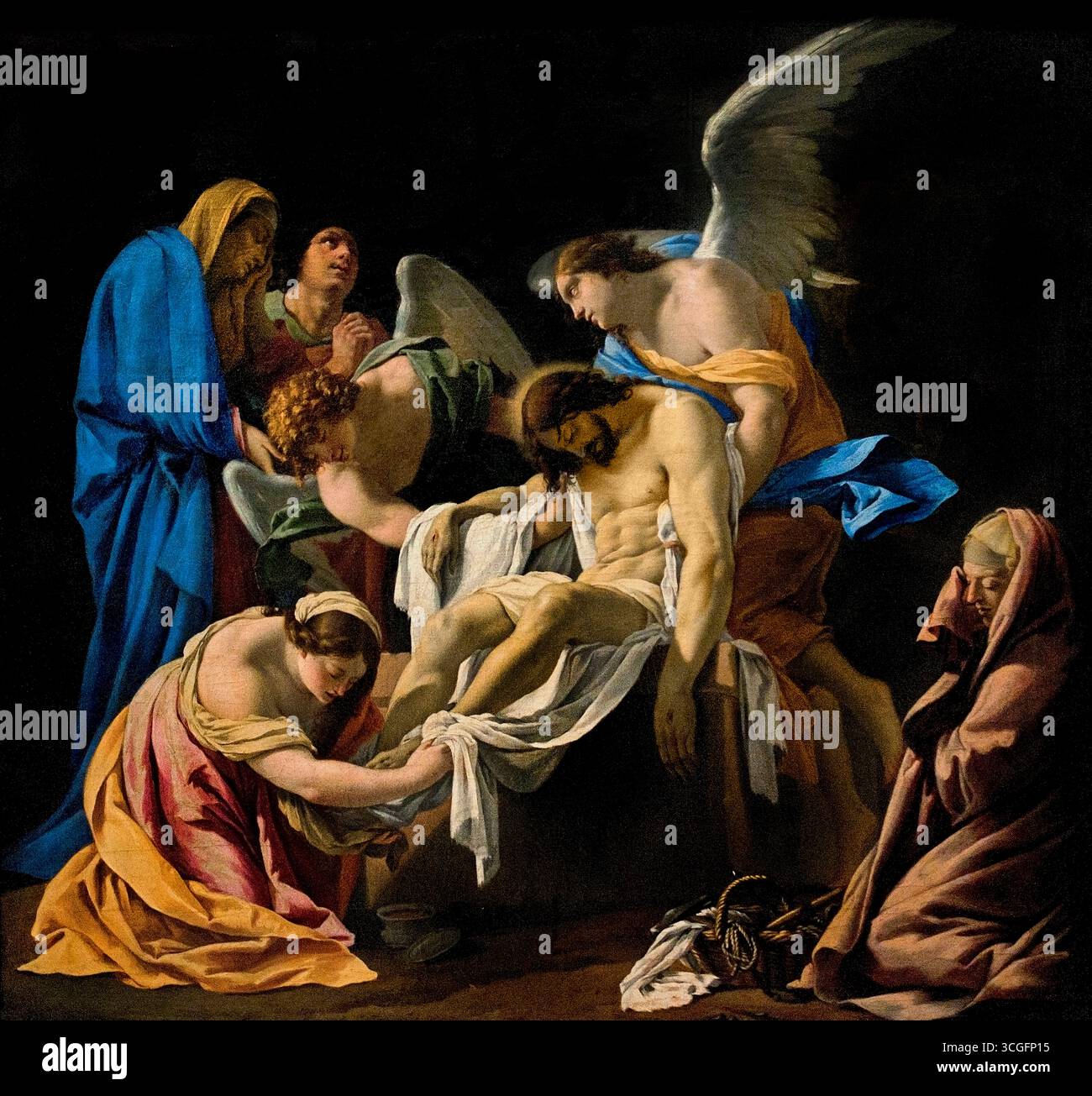La mise au tombeau par Simon Vouet 1590-1649 Français, ( la 'mise au tombeau du Christ' se réfère à l'événement biblique et ses représentations artistiques où le corps mort du Christ est transporté à la tombe après sa crucifixion et placé à l'intérieur, symbolisant sa mort et son sacrifice. Ce moment sacré sert à illustrer le chagrin et la perte de l'homme, tout en offrant un message profond d'espoir pour la vie éternelle et la rédemption par sa résurrection éventuelle. Banque D'Images