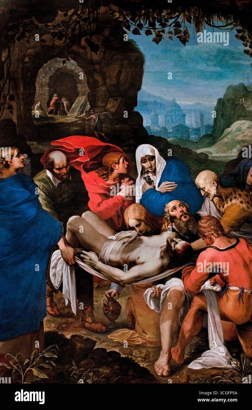 La tombe du christ 1605 Wenceslas Coeberger, peintre et architecte (1561-1634) Belgique flamande (« la tombe du Christ » fait référence à l'événement biblique et à ses représentations artistiques où le cadavre du Christ est porté au tombeau après sa crucifixion et placé à l'intérieur, symbolisant sa mort et son sacrifice. Ce moment sacré sert à illustrer le chagrin et la perte de l'homme, tout en offrant un message profond d'espoir pour la vie éternelle et la rédemption par sa résurrection éventuelle. Banque D'Images