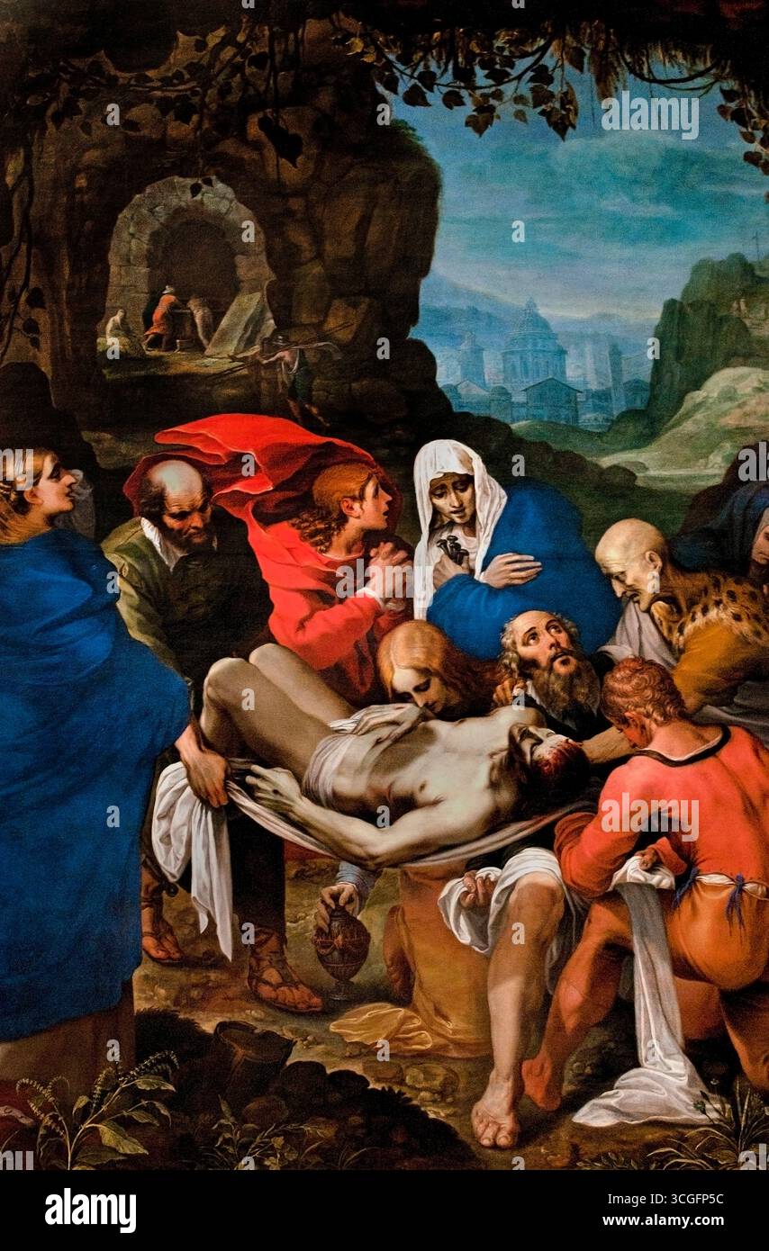 La tombe du christ 1605 Wenceslas Coeberger, peintre et architecte (1561-1634) Belgique flamande (« la tombe du Christ » fait référence à l'événement biblique et à ses représentations artistiques où le cadavre du Christ est porté au tombeau après sa crucifixion et placé à l'intérieur, symbolisant sa mort et son sacrifice. Ce moment sacré sert à illustrer le chagrin et la perte de l'homme, tout en offrant un message profond d'espoir pour la vie éternelle et la rédemption par sa résurrection éventuelle. Banque D'Images