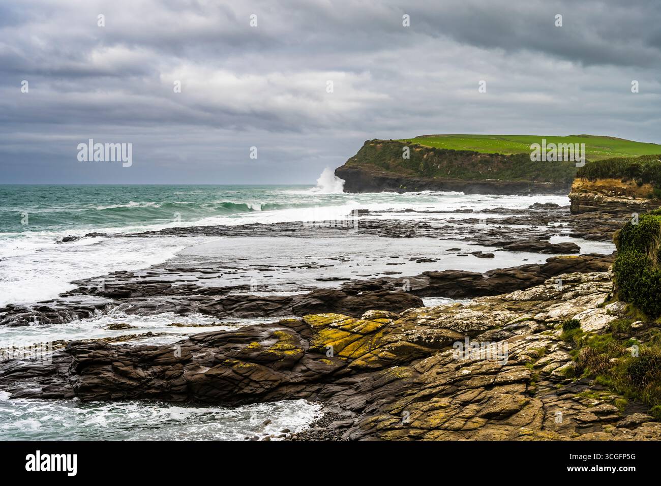 Surfez à Porpoise Bay et South Head, Curio Bay, près de Waikawa, Southland, Île du Sud, nouvelle-Zélande Banque D'Images