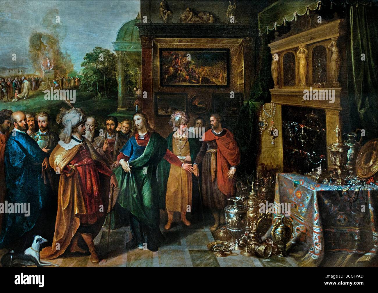 L'histoire de Croesus et Solon par Frans Francken II, (1581-1642), peintre baroque du Sud-Hollande, Anvers, connu comme le fils et l'élève du peintre Frans Ier et le père de Frans III. il était un artiste innovateur qui non seulement créait des œuvres religieuses et historiques, mais était également innovateur dans les peintures de genre et de paysage. Banque D'Images