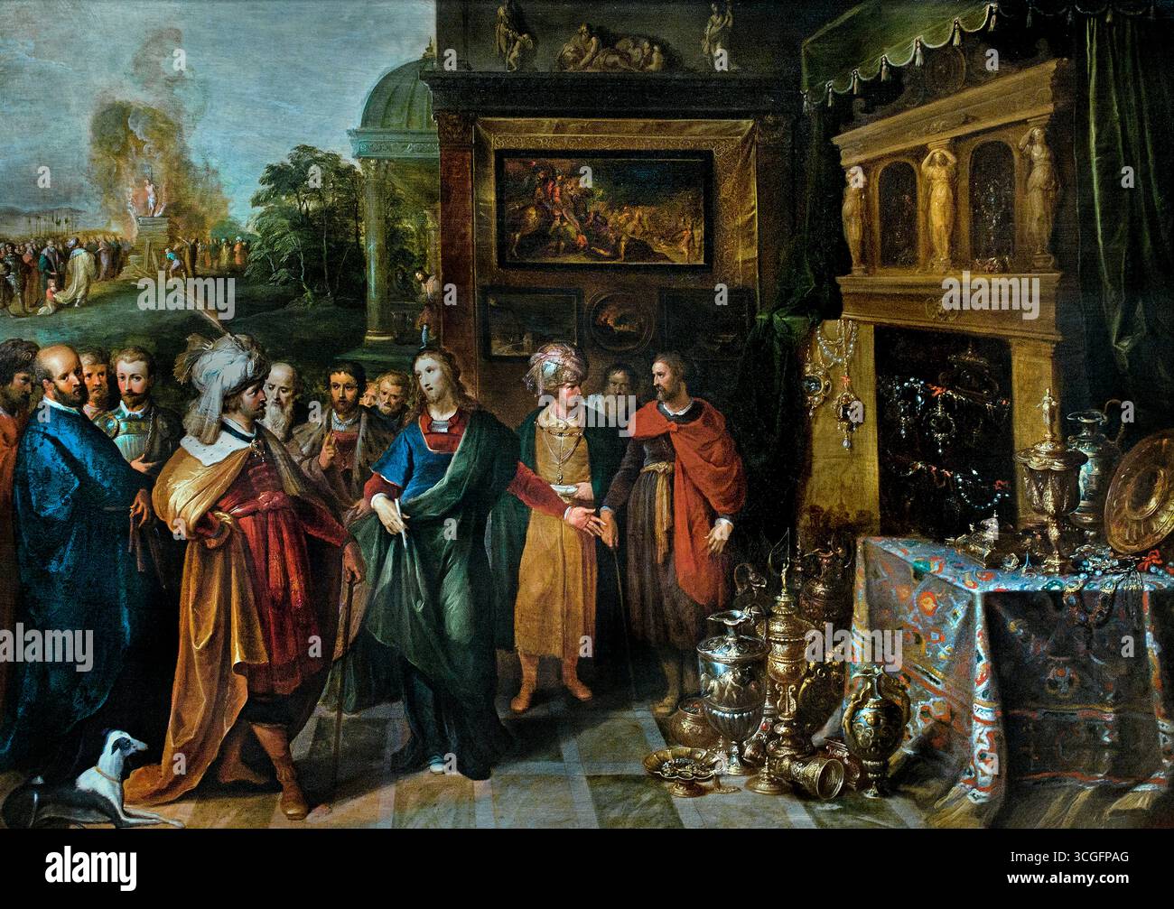 L'histoire de Croesus et Solon par Frans Francken II, (1581-1642), peintre baroque du Sud-Hollande, Anvers, connu comme le fils et l'élève du peintre Frans Ier et le père de Frans III. il était un artiste innovateur qui non seulement créait des œuvres religieuses et historiques, mais était également innovateur dans les peintures de genre et de paysage. Banque D'Images