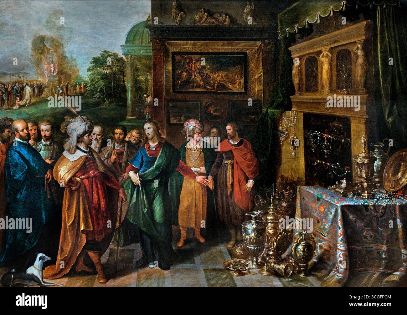 L'histoire de Croesus et Solon par Frans Francken II, (1581-1642), peintre baroque du Sud-Hollande, Anvers, connu comme le fils et l'élève du peintre Frans Ier et le père de Frans III. il était un artiste innovateur qui non seulement créait des œuvres religieuses et historiques, mais était également innovateur dans les peintures de genre et de paysage. Banque D'Images