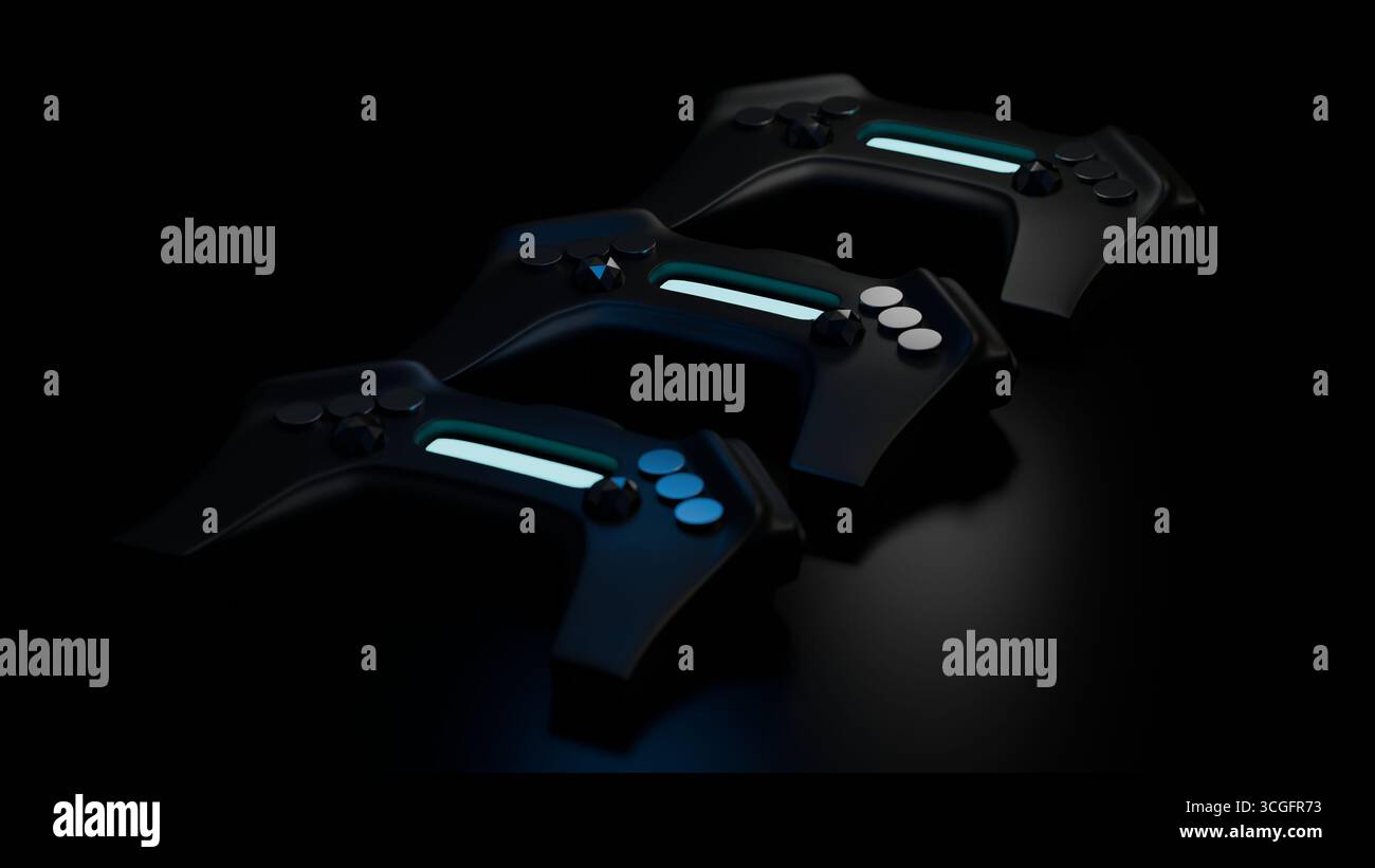 Groupe de manettes futuristes avec des détails bleus brillants sur fond noir. Banque D'Images