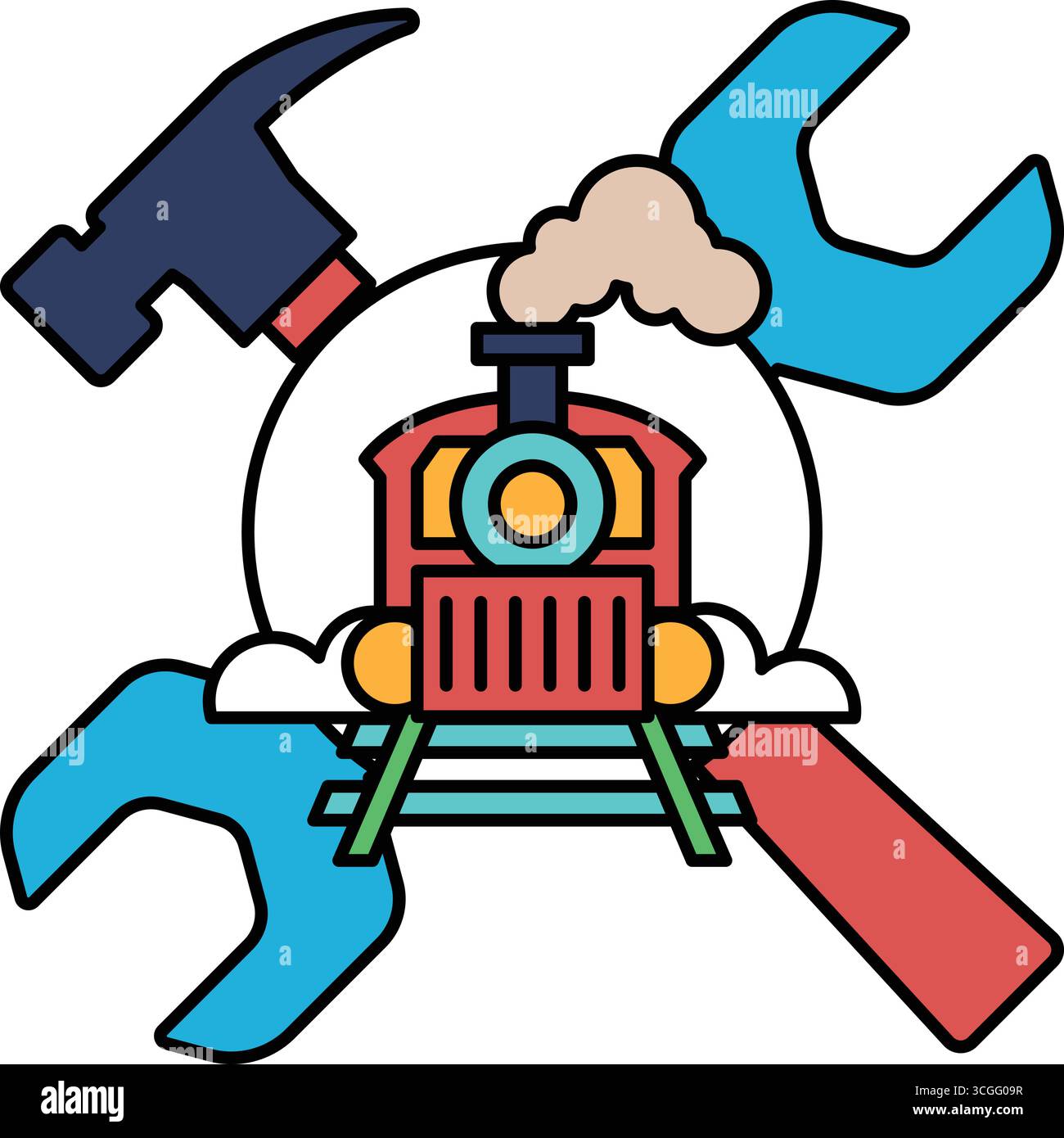 Un train avec une machine à vapeur et un marteau et une clé. Le train est entouré d'un cercle avec une machine à vapeur au centre Illustration de Vecteur