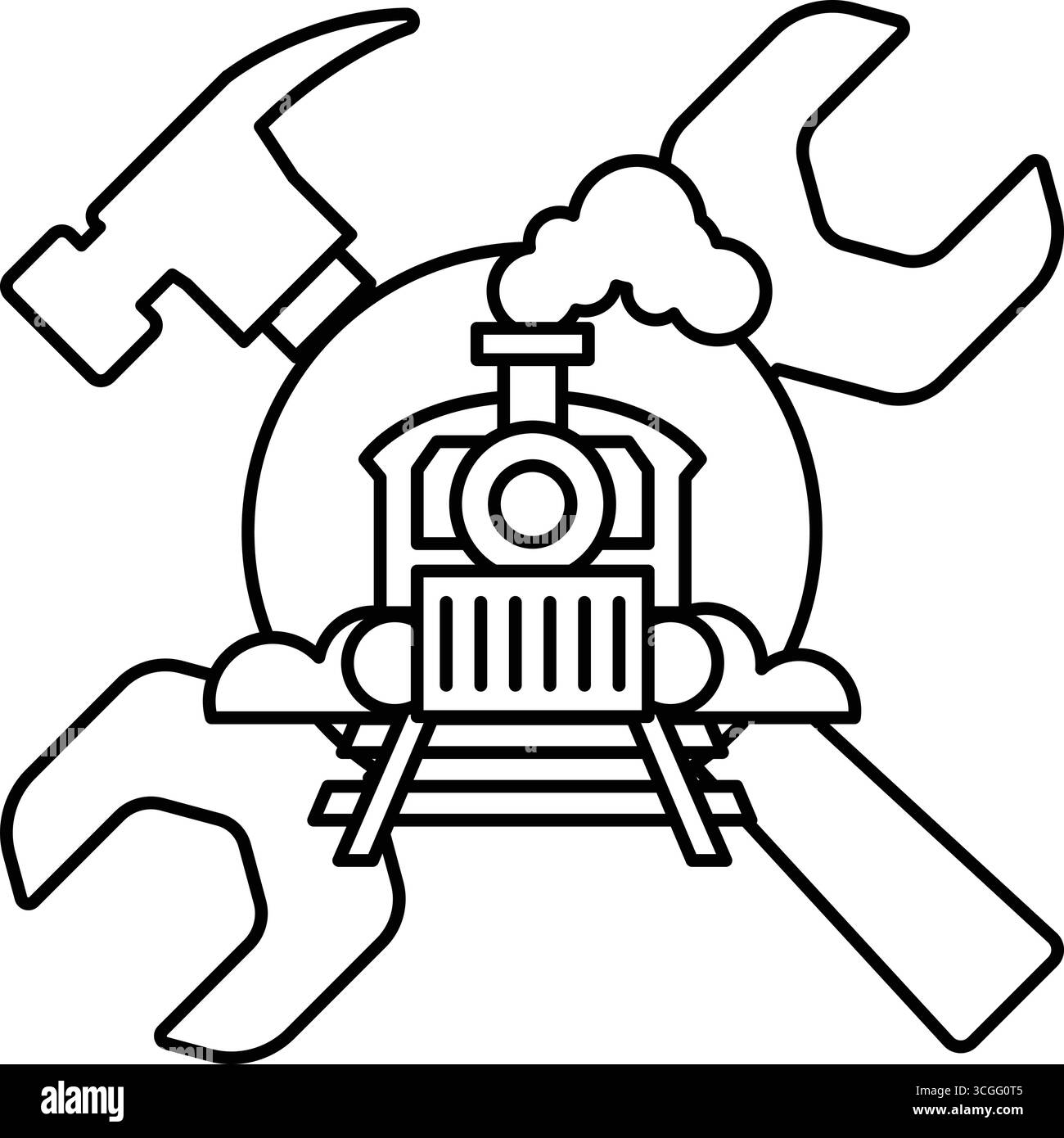 Un train avec un marteau et une clé dessus. Le train est entouré d'un cercle avec une machine à vapeur au milieu Illustration de Vecteur