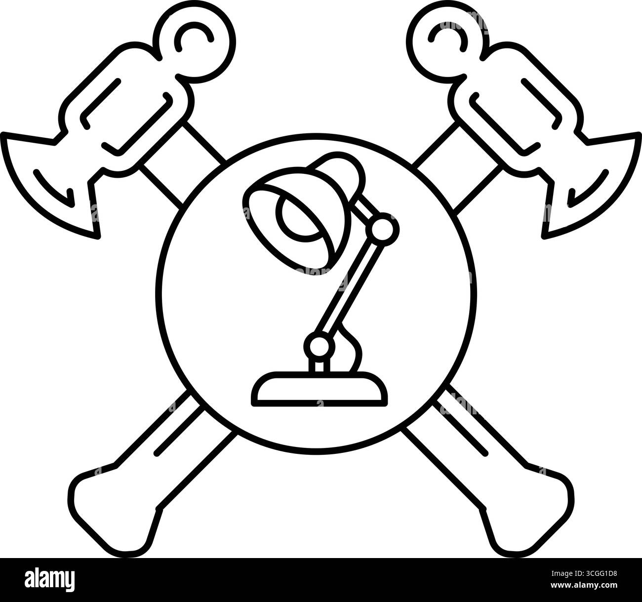 Une lampe est dessinée sur une croix avec un marteau et un tournevis. La lampe est allumée et la croix est noire et blanche. Concept de créativité et artisans Illustration de Vecteur