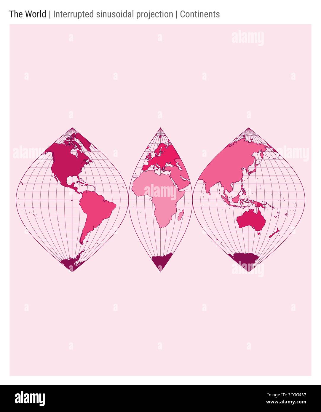 Carte du monde. Projection sinusoïdale interrompue. Style continents. Carte du monde détaillée pour infographies, éducation, rapports, présentations. Illustration de Vecteur