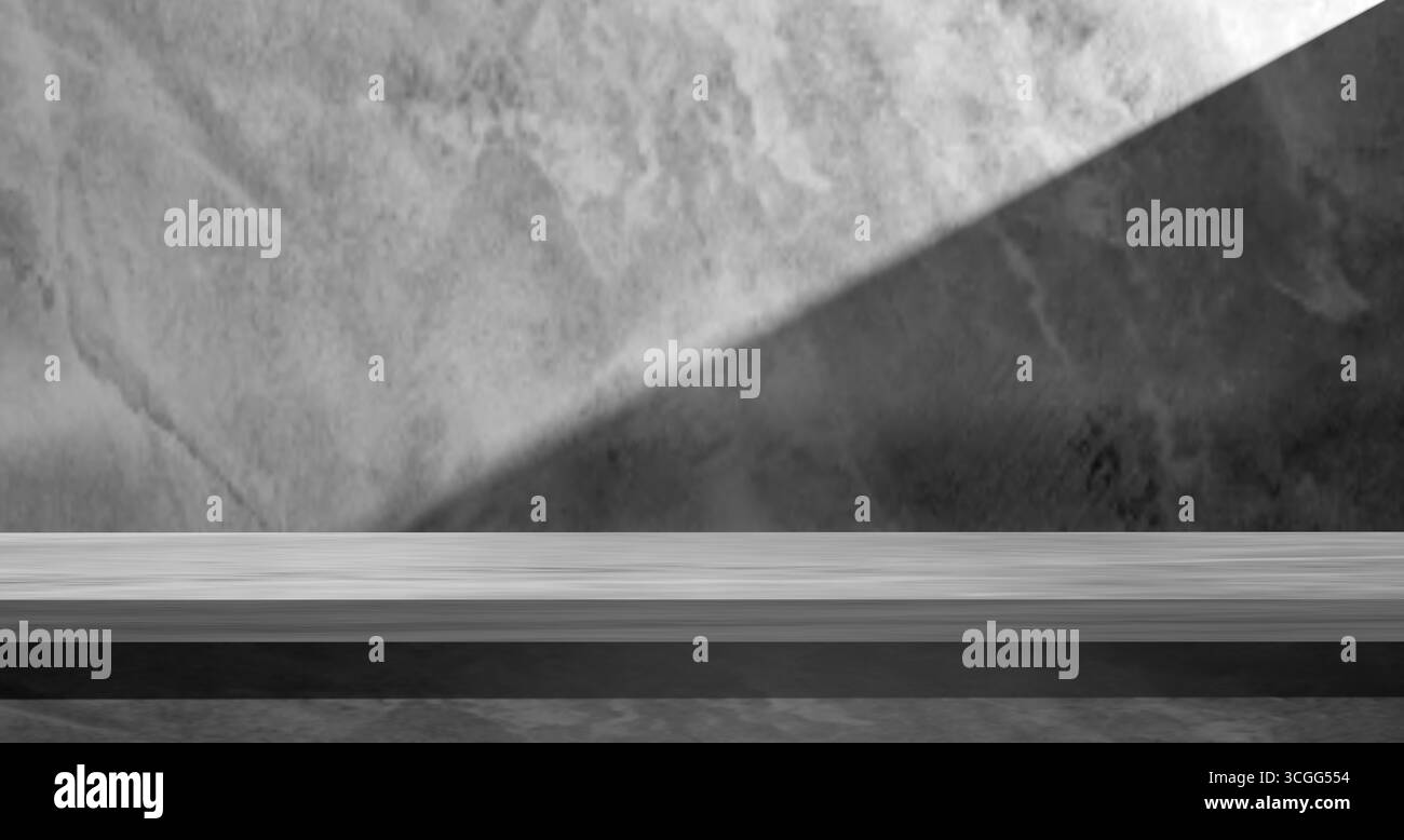 Rendu 3D noir et blanc minimaliste avec une table d'affichage de produits en pierre élégante, un mur de marbre texturé et une ombre diagonale spectaculaire, parfait pour le produit M. Banque D'Images
