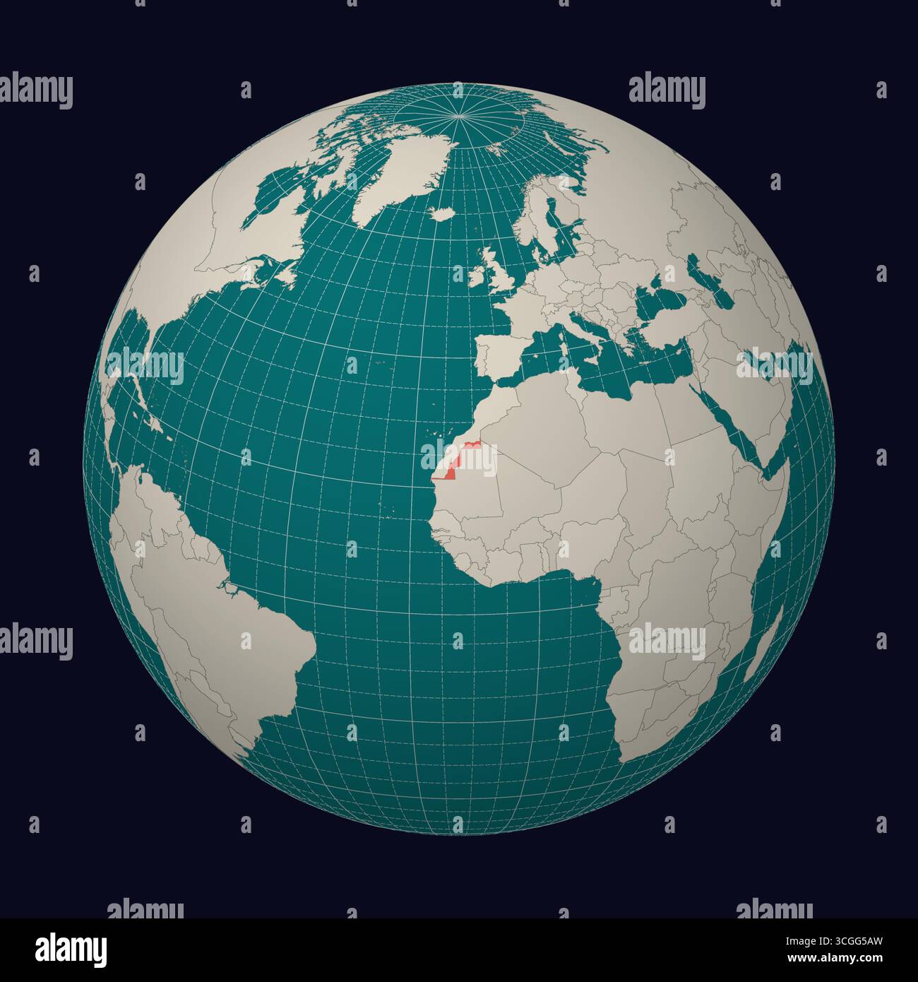 Sahara Occidental sur la carte Globe centré sur le Sahara Occidental. Emplacement du pays sur la carte du monde. Palette de couleurs sarcelle menthe pâle. Illustration de Vecteur
