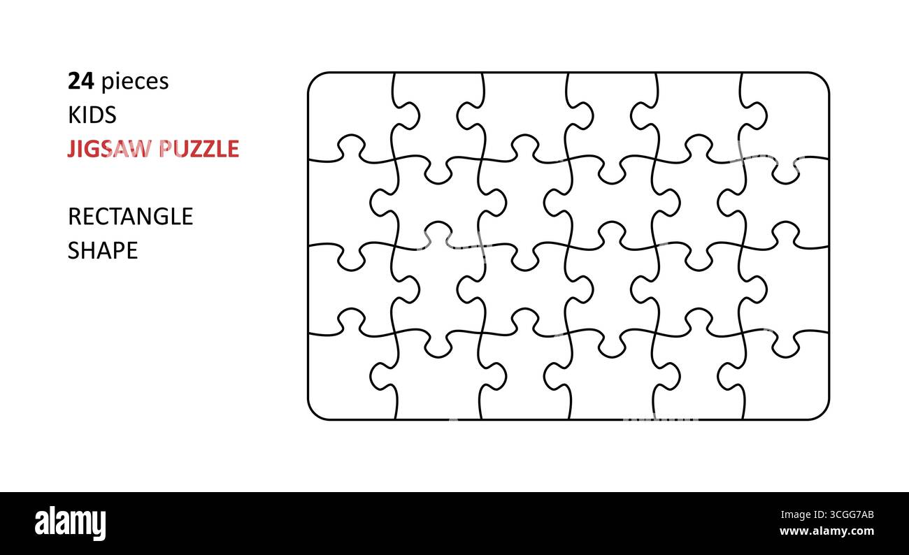 Gabarit vierge de puzzle. Conception de grille de lignes de coupe pour puzzle rectangulaire pour enfants - 24 pièces. Illustration de Vecteur
