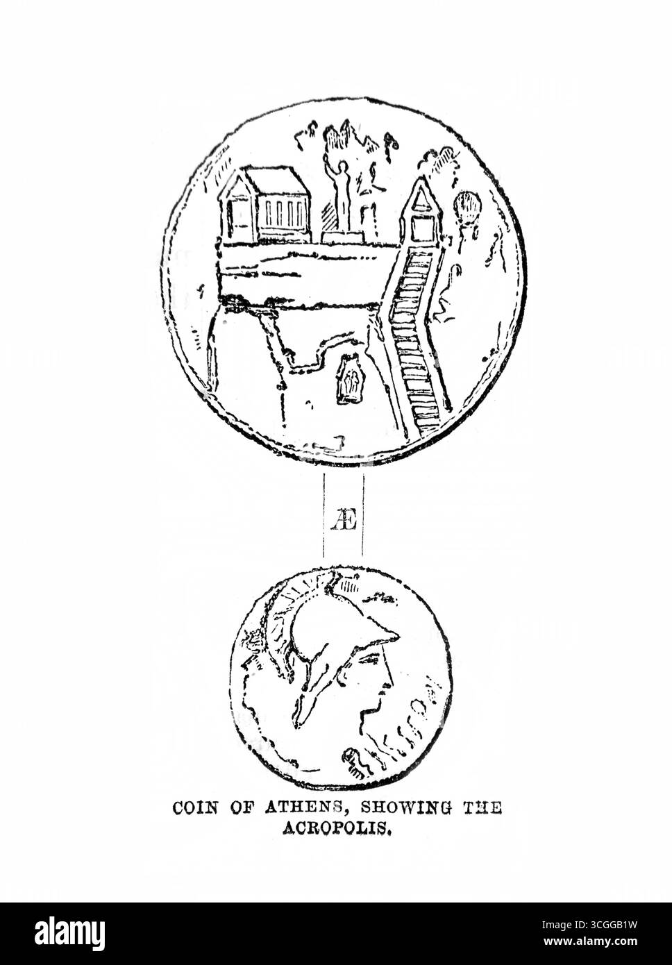 Illustration d'une pièce athénienne représentant l'Acropole (en haut) et la déesse Athéna (en bas) de l'antique 19ème siècle la Sainte Bible contenant th Banque D'Images