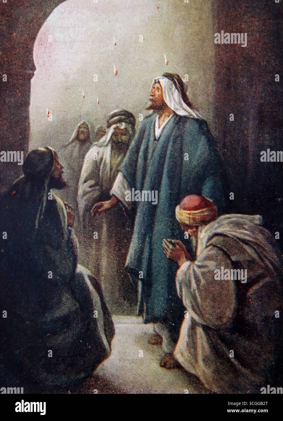 Illustration. De la descente du Saint fantôme montrant des langues de flammes au-dessus de la tête des Apôtres (actes ) du 20ème siècle 1916 Bible leçon Picture Banque D'Images